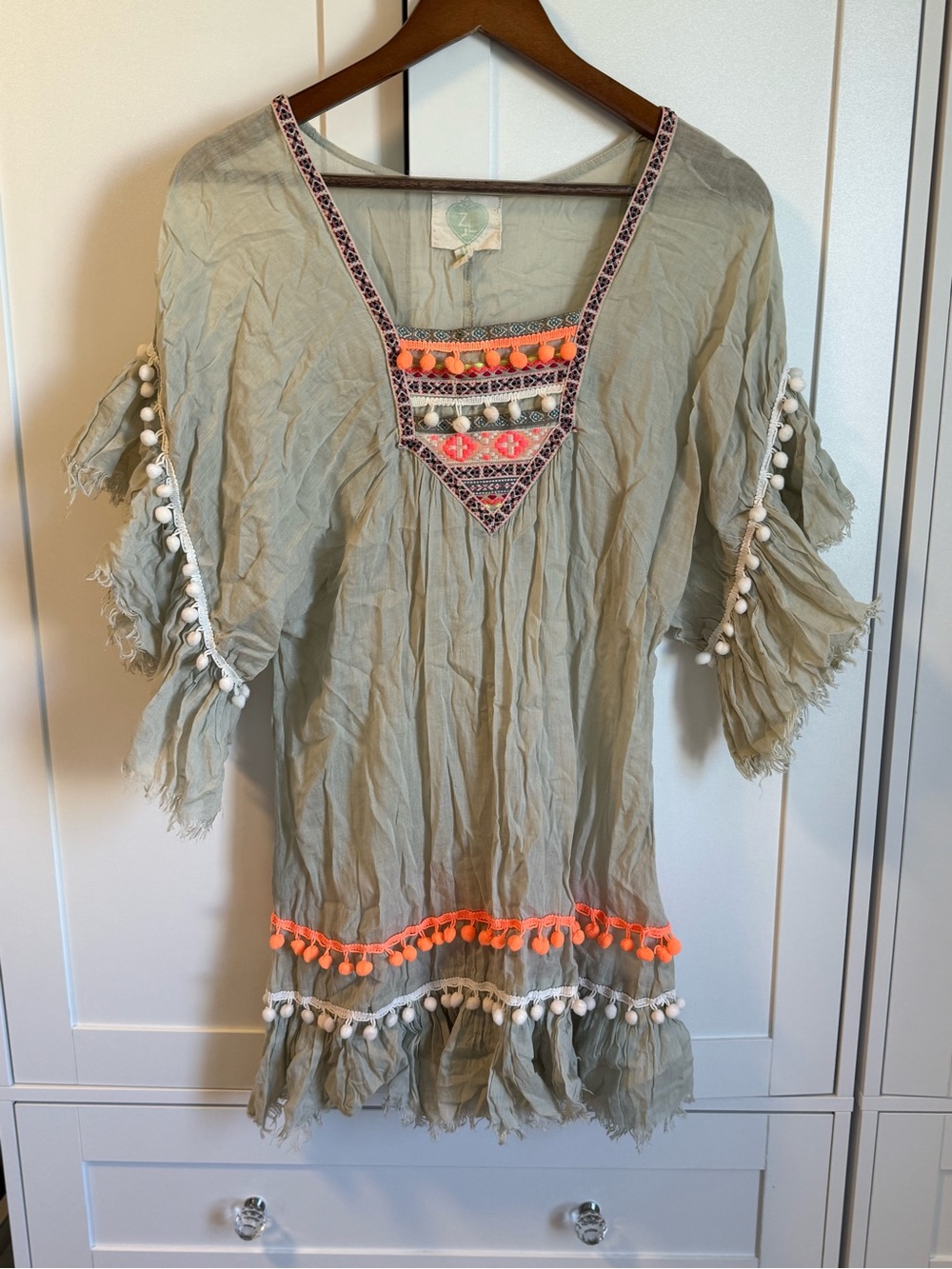 Anthropologie Sage Gray Mini Dress with Orange & White Pom Trim